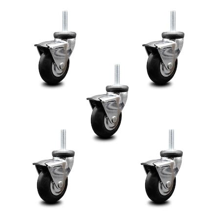 Service Caster 3 Inch Hooded Neoprene Rubber 12mm Threaded Stem Casters with Brakes SCC, 5PK SCC-TS03S310-NPRB-BC-B-M1215-5